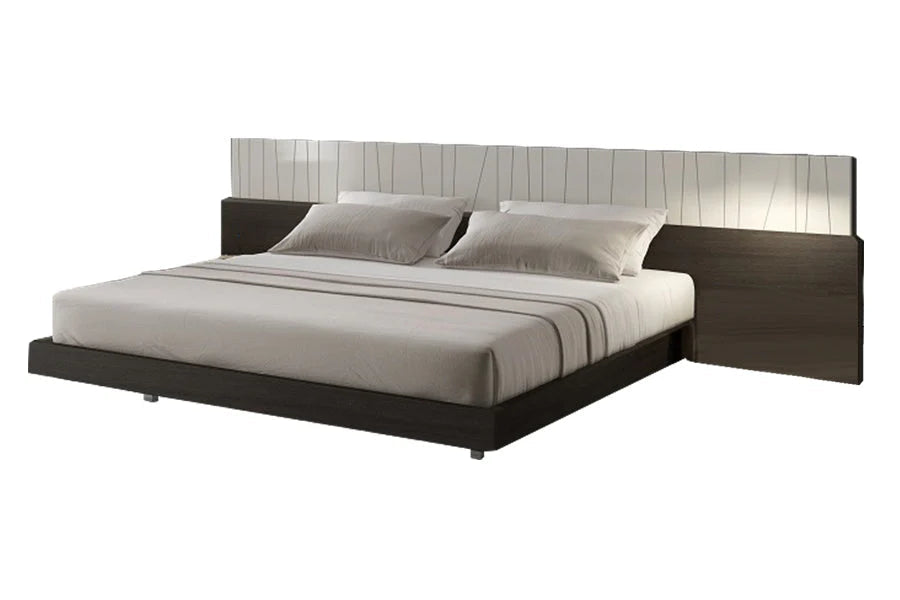 Porto modern king bed with wooden headboard in wenge finish.