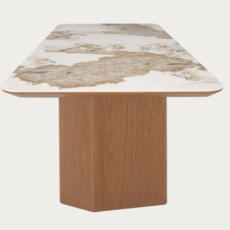 Ruby dining able with marble-like top and wooden base 
