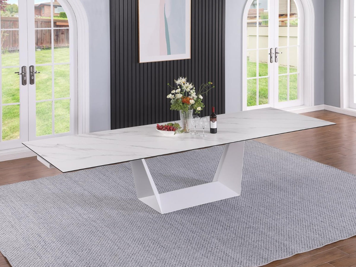 Chintaly Scarlette Contemporary Extendable Ceramic Top Dining Table with White Base