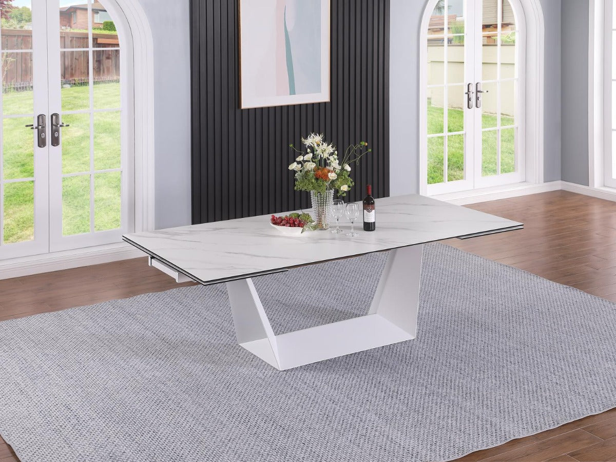 Chintaly Scarlette Contemporary Extendable Ceramic Top Dining Table with White Base