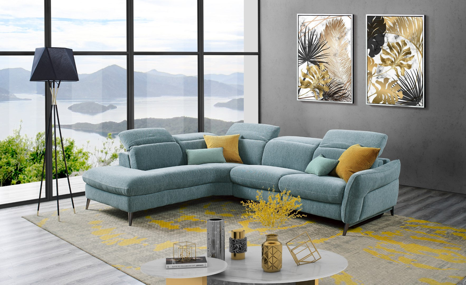 Swan Fabric Sectional with Two Recliners, Dusty Teal | Creative Furniture