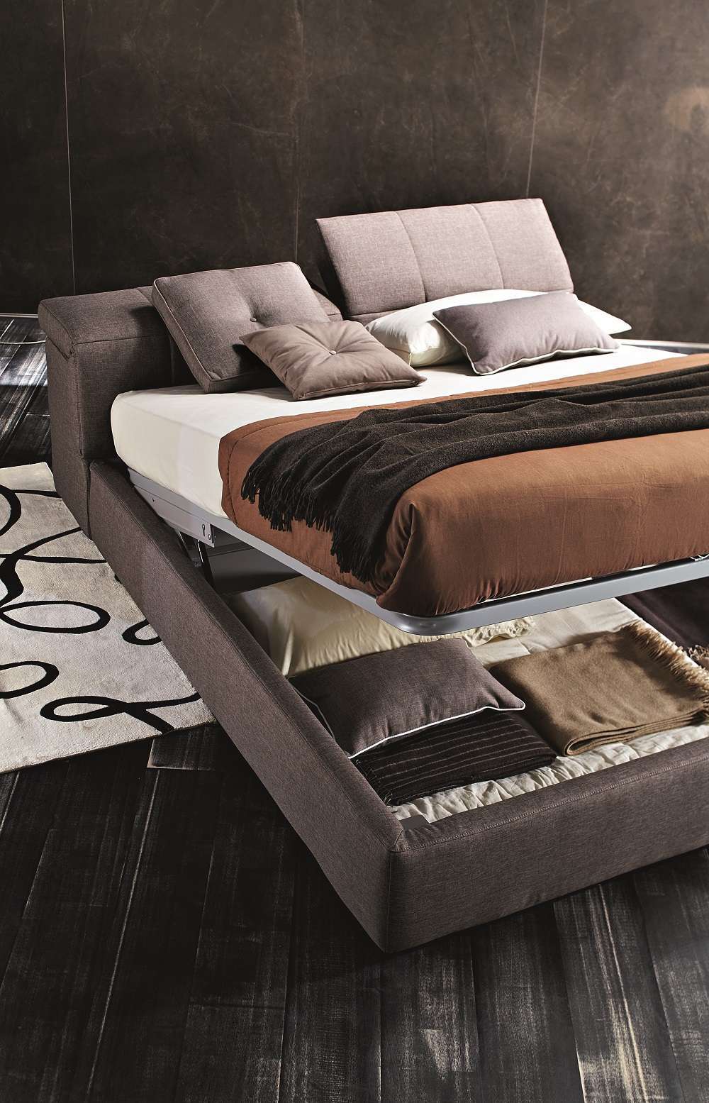 J & M Tower Modern Storage Bed in Taupe Fabric