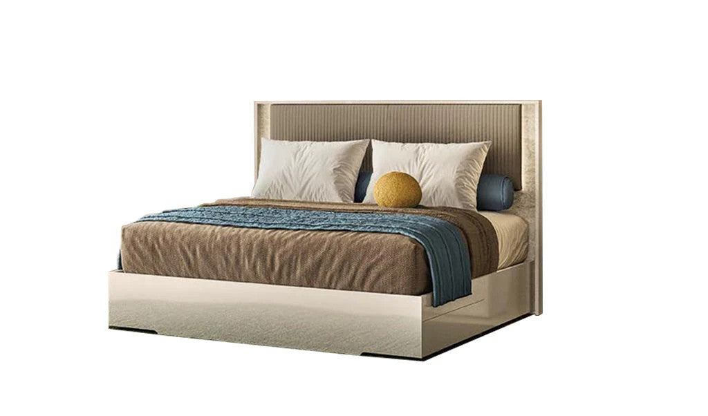 ALF Tullia Queen Bed - Eco-Leather Headboard with Travertine Eco-Stone and Integrated Lighting