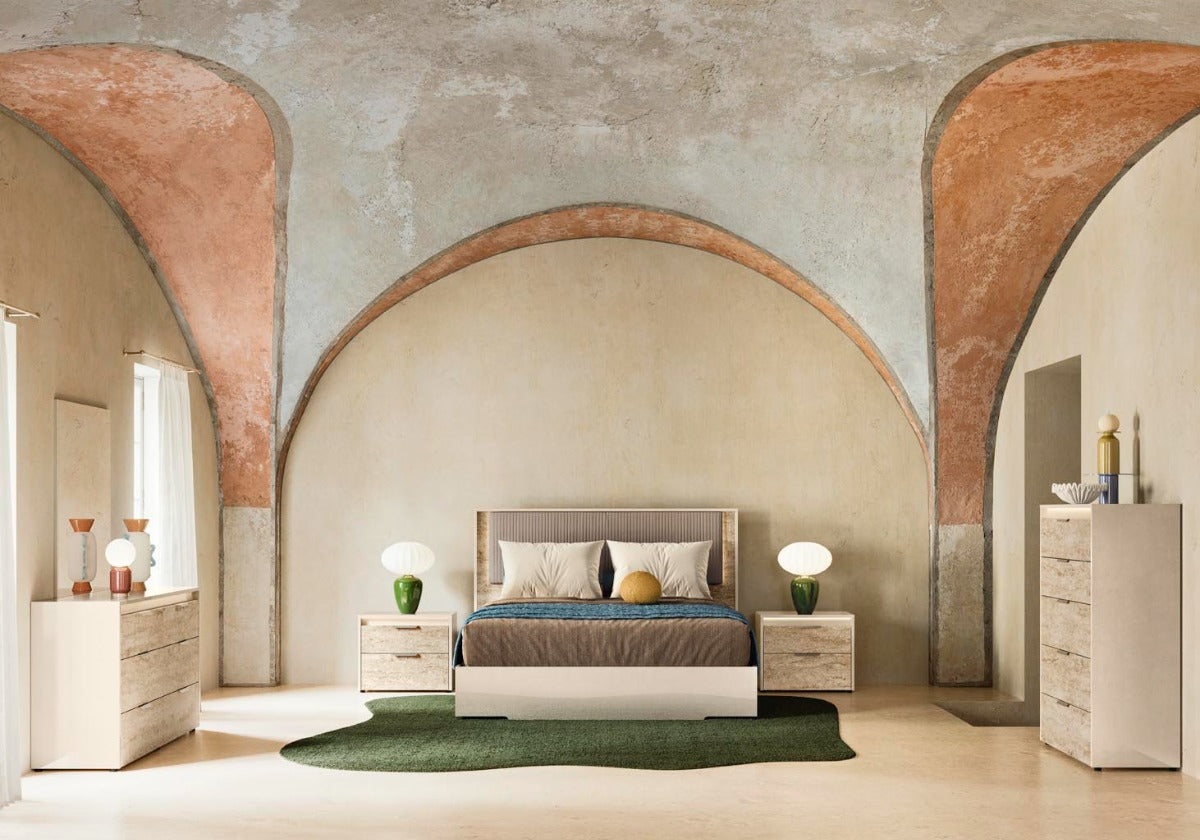 ALF Tullia King Bed - Eco-Leather Headboard with Travertine Eco-Stone and Integrated Lighting