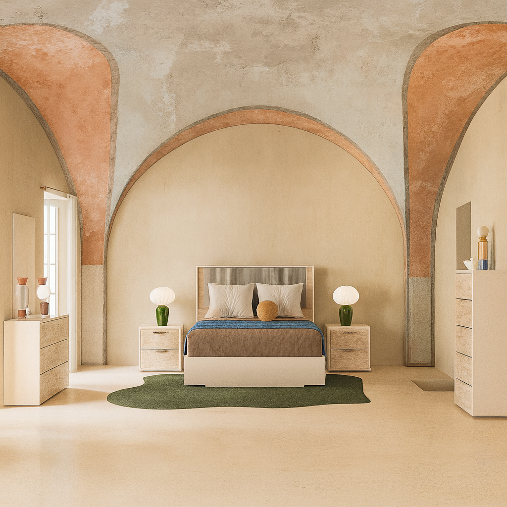 ALF Tullia Nightstand – Travertine Eco-Stone & Champagne High Gloss