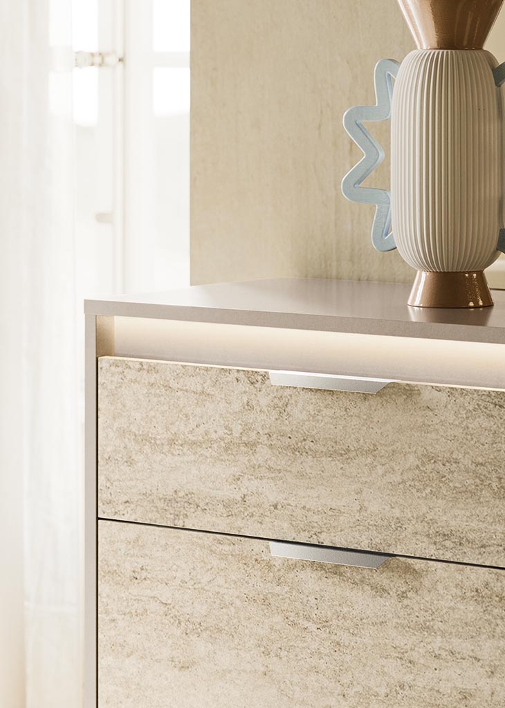 ALF Tullia 5-Drawer Chest – Travertine Eco-Stone & Champagne High Gloss Finish