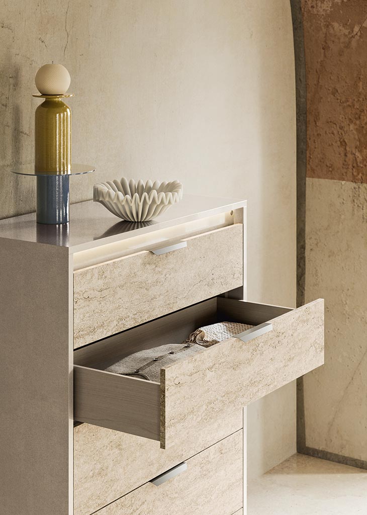 ALF Tullia 5-Drawer Chest – Travertine Eco-Stone & Champagne High Gloss Finish