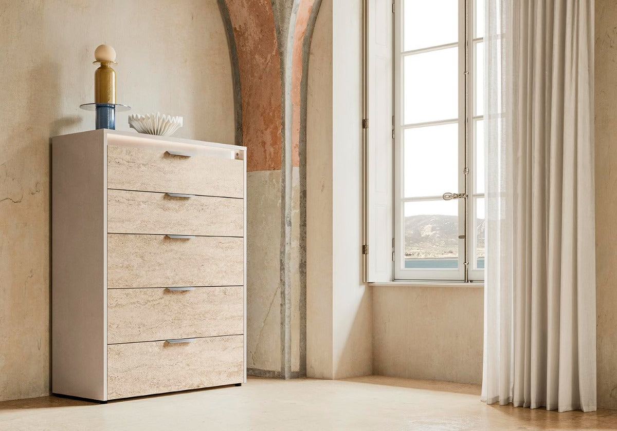 ALF Tullia 5-Drawer Chest – Travertine Eco-Stone & Champagne High Gloss Finish