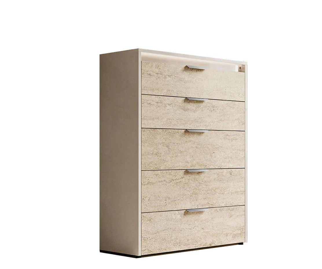 ALF Tullia 5-Drawer Chest – Travertine Eco-Stone & Champagne High Gloss Finish
