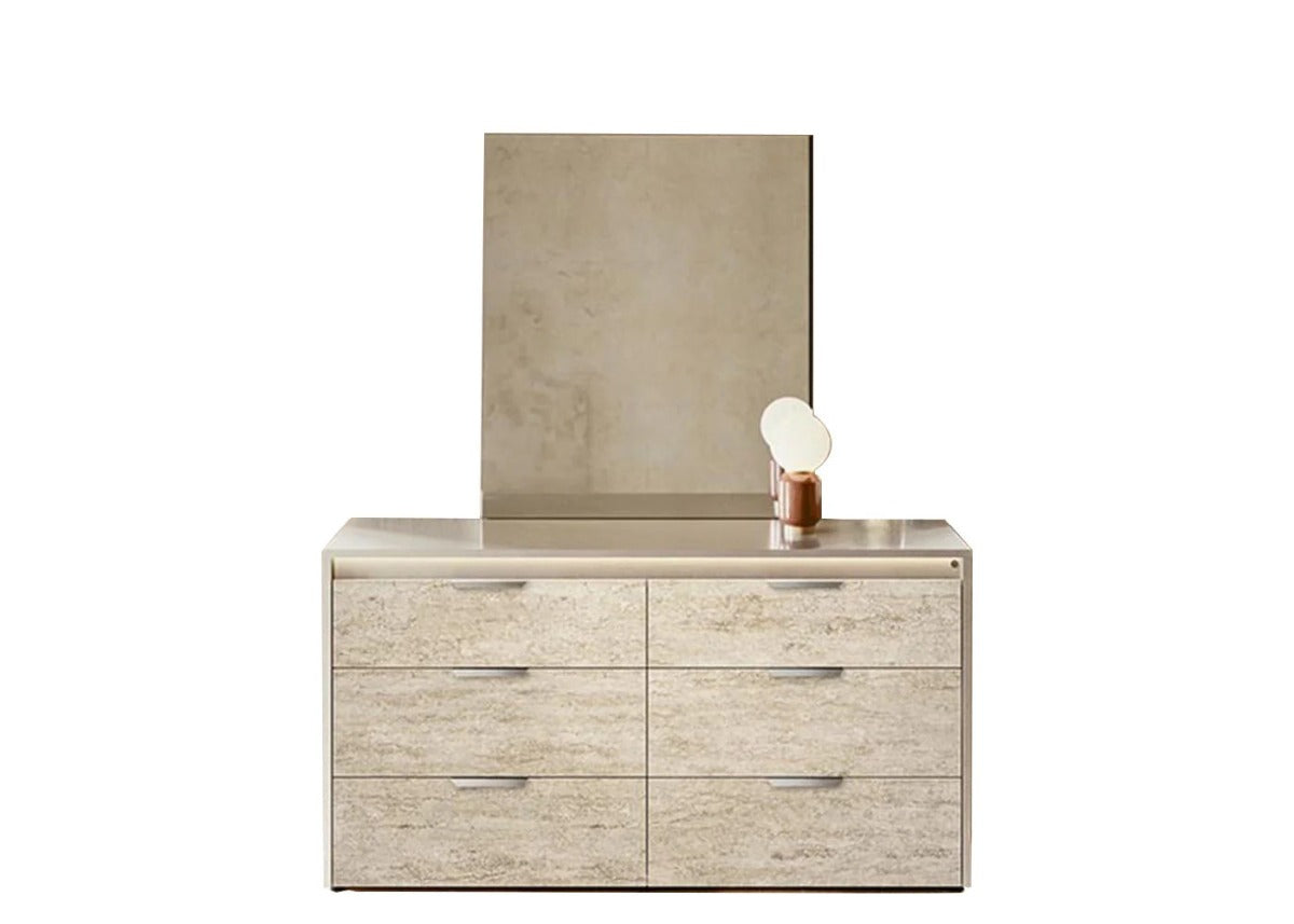 ALF Tullia 6-Drawer Dresser – Travertine Eco-Stone & Champagne High Gloss