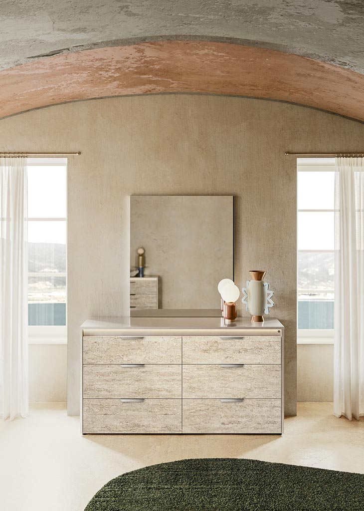 ALF Tullia 6-Drawer Dresser – Travertine Eco-Stone & Champagne High Gloss