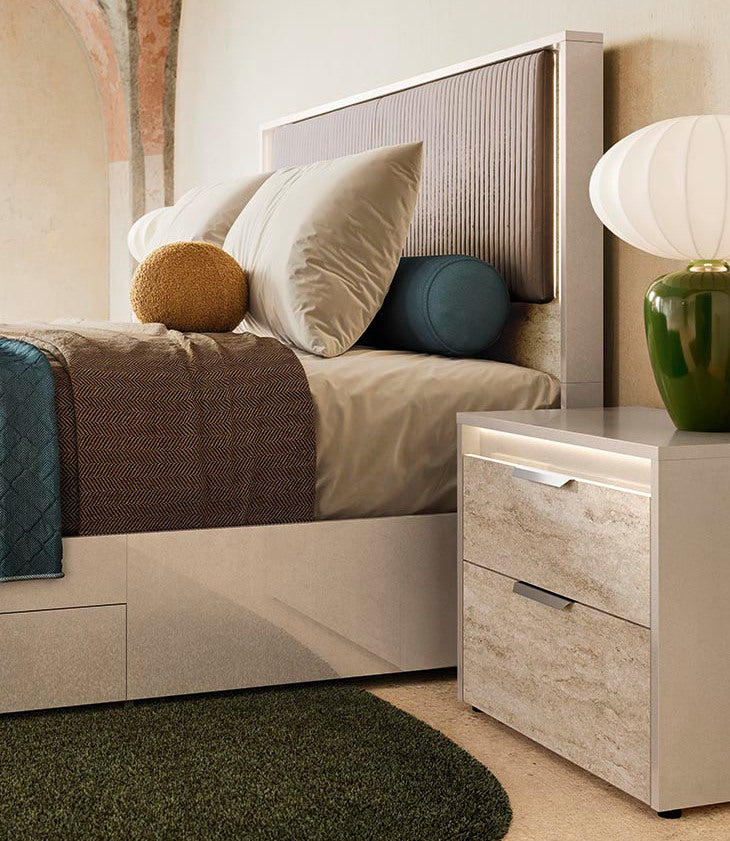 ALF Tullia Nightstand – Travertine Eco-Stone & Champagne High Gloss